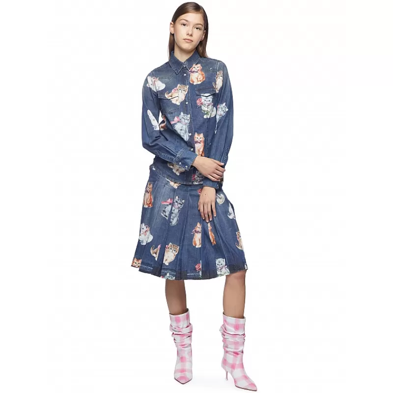 Vivetta Gonna Plisse In Denim Stampa Gatto Sale